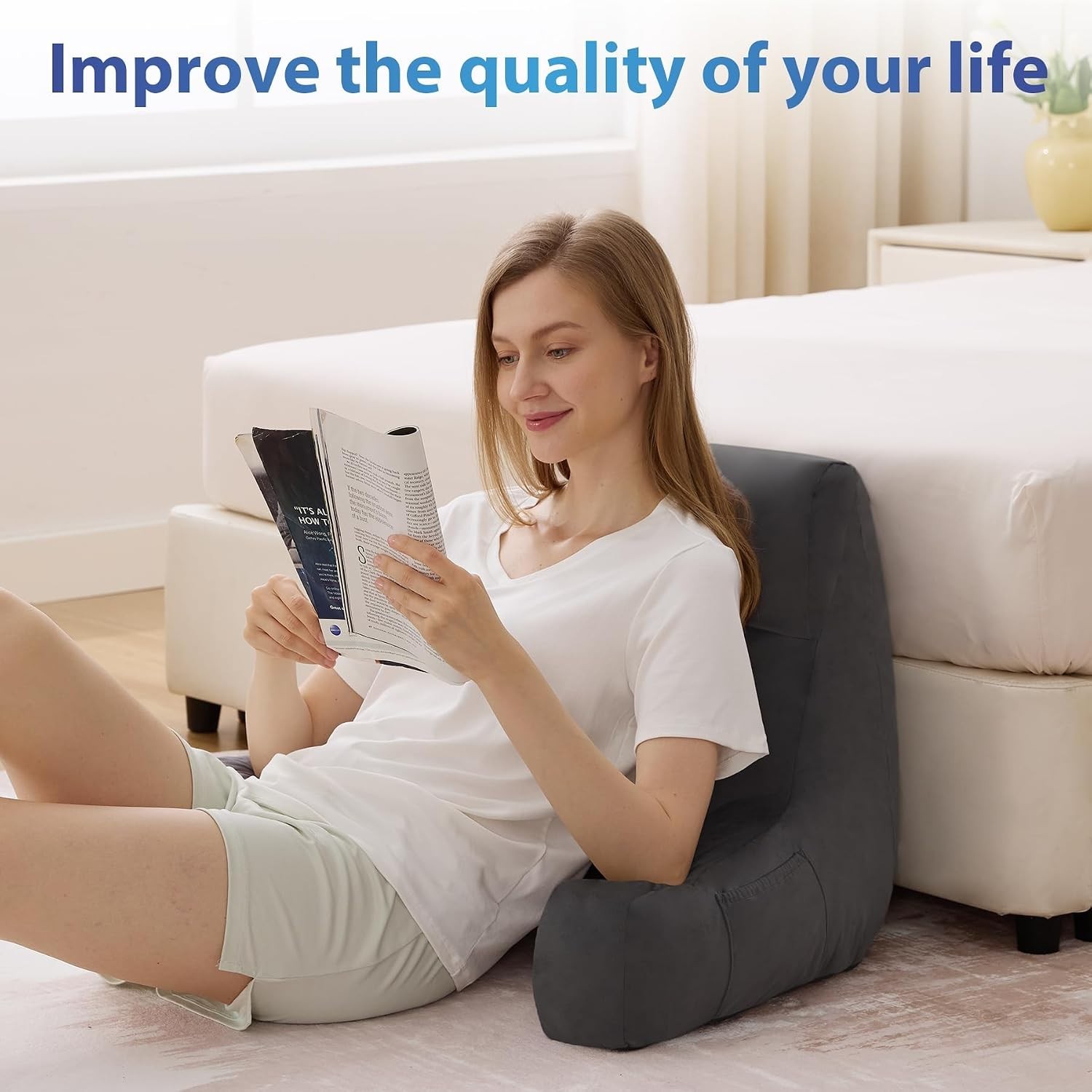 Grey Memory Foam Reading Pillow with Arms - Ergonomic Backrest for Couch & Bed