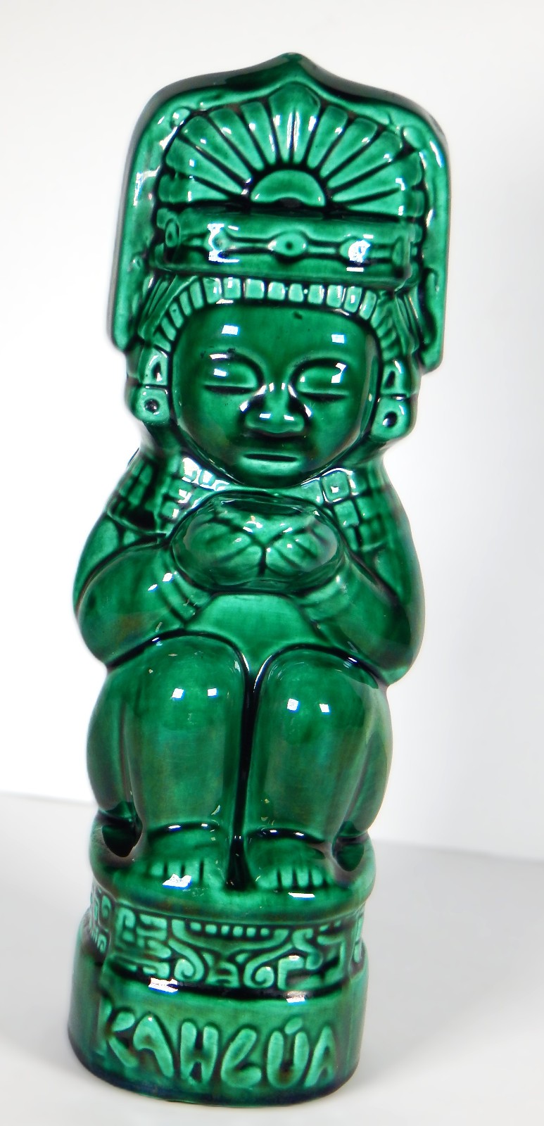 1937 AZTEC KAHLUA BOTTLE DECANTER HAND MADE CERAMIC GREEN TIKI K&B EMPTY LABEL