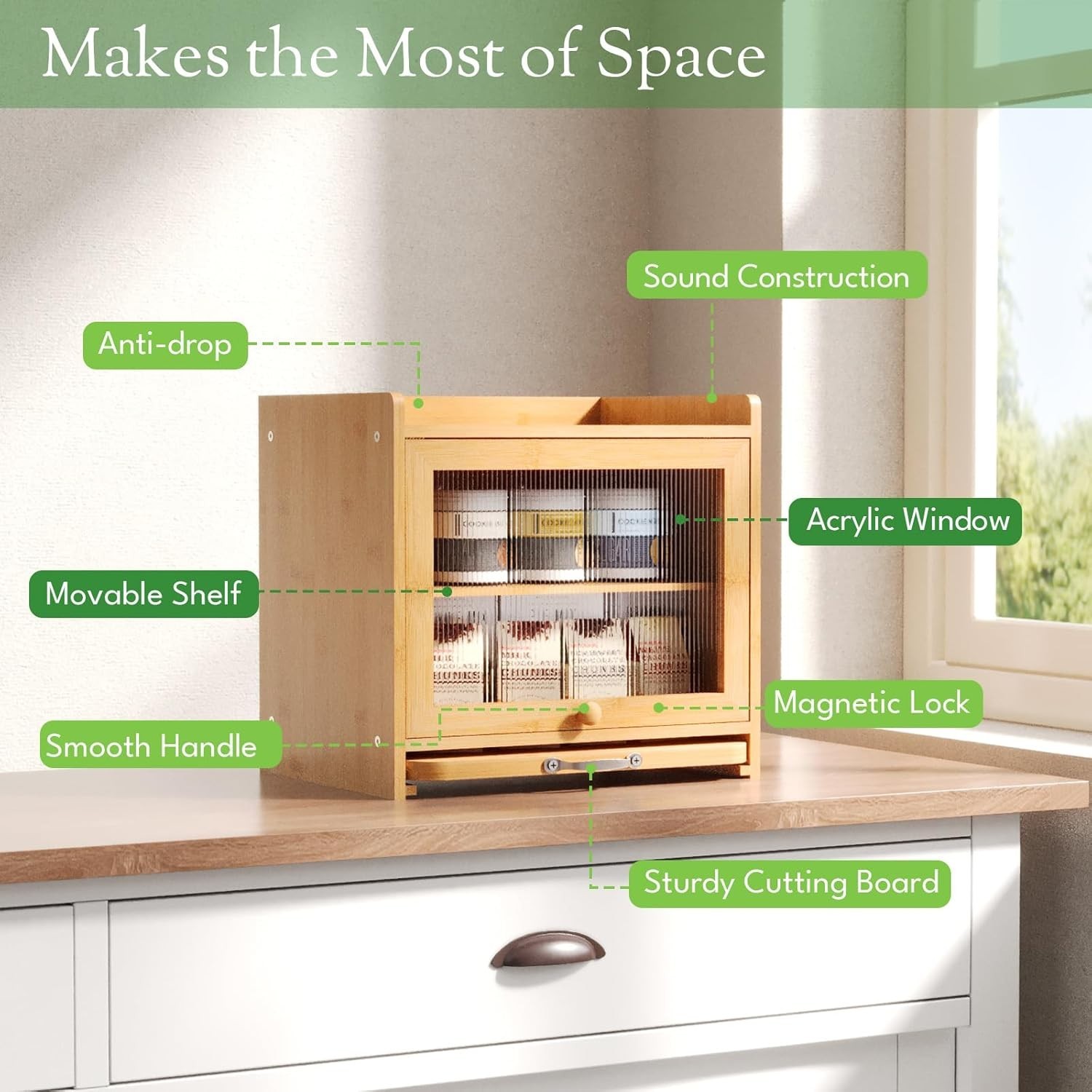 Bamboo Bread Box for Kitchen Countertop, Double Layer Kitchen Counter Organizers