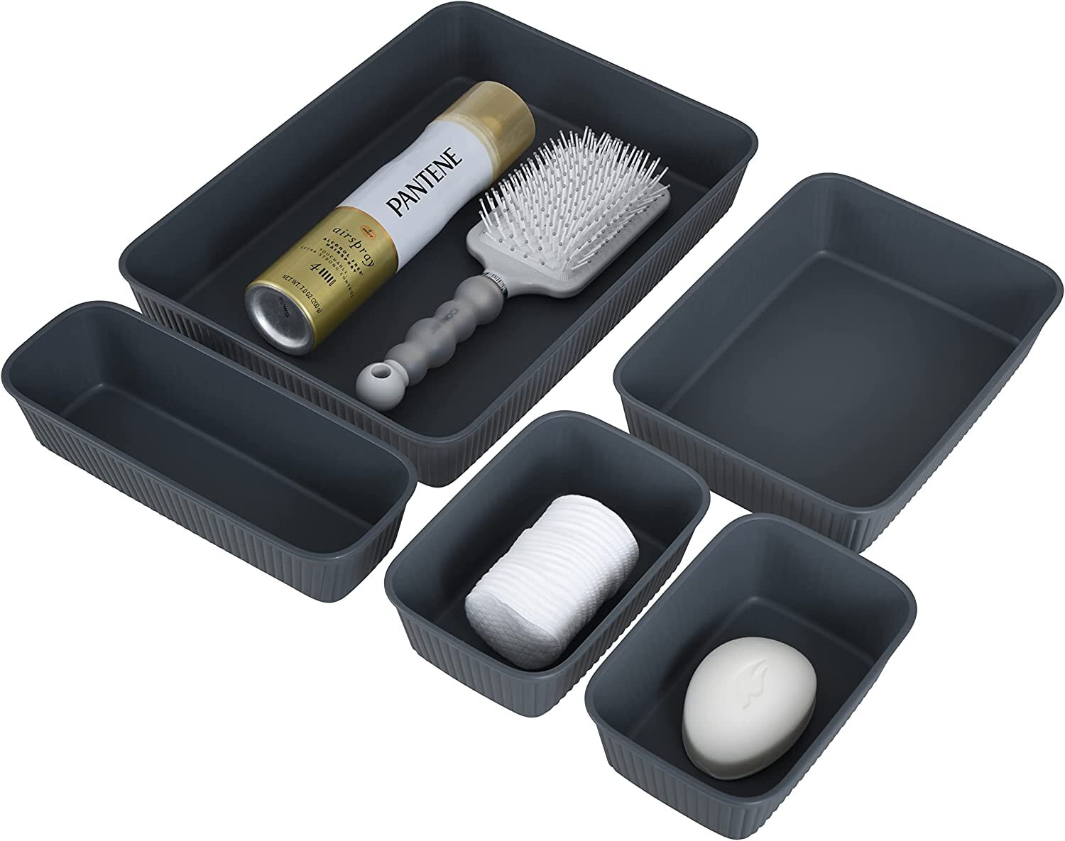 Superio Set of 5 Decorative Plastic Ribbed Desk Drawer Organizing Tray (Grey)