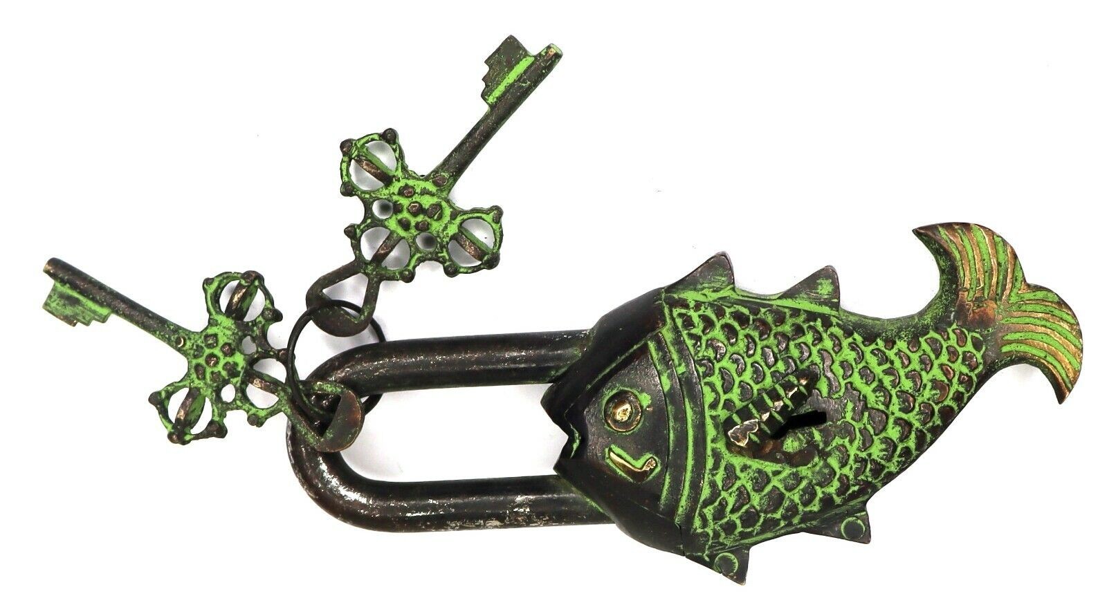 Fish Shape Lock Antique Vintage Style Handmade Brass Padlock With Working Keys