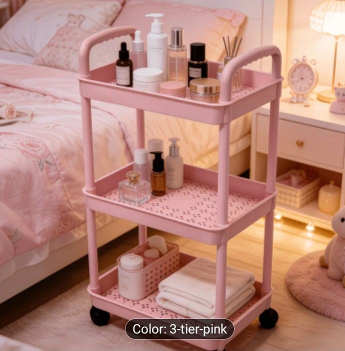3-Tier [Pink+Blue+White] Plastic Rolling Storage Cart Shelves, Compact...