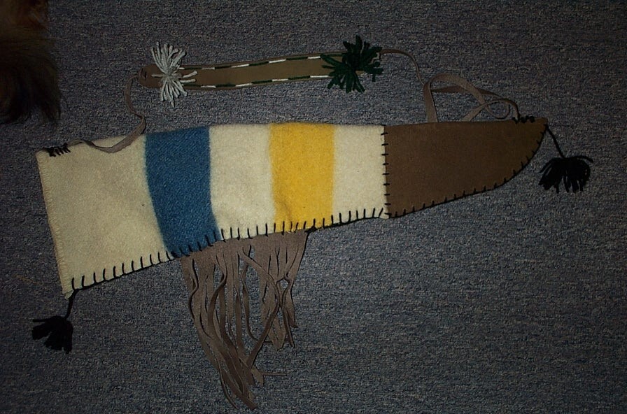 PRIMITIVE ARCHER,  HAND SEWN, WOOL ARROW QUIVER 25"