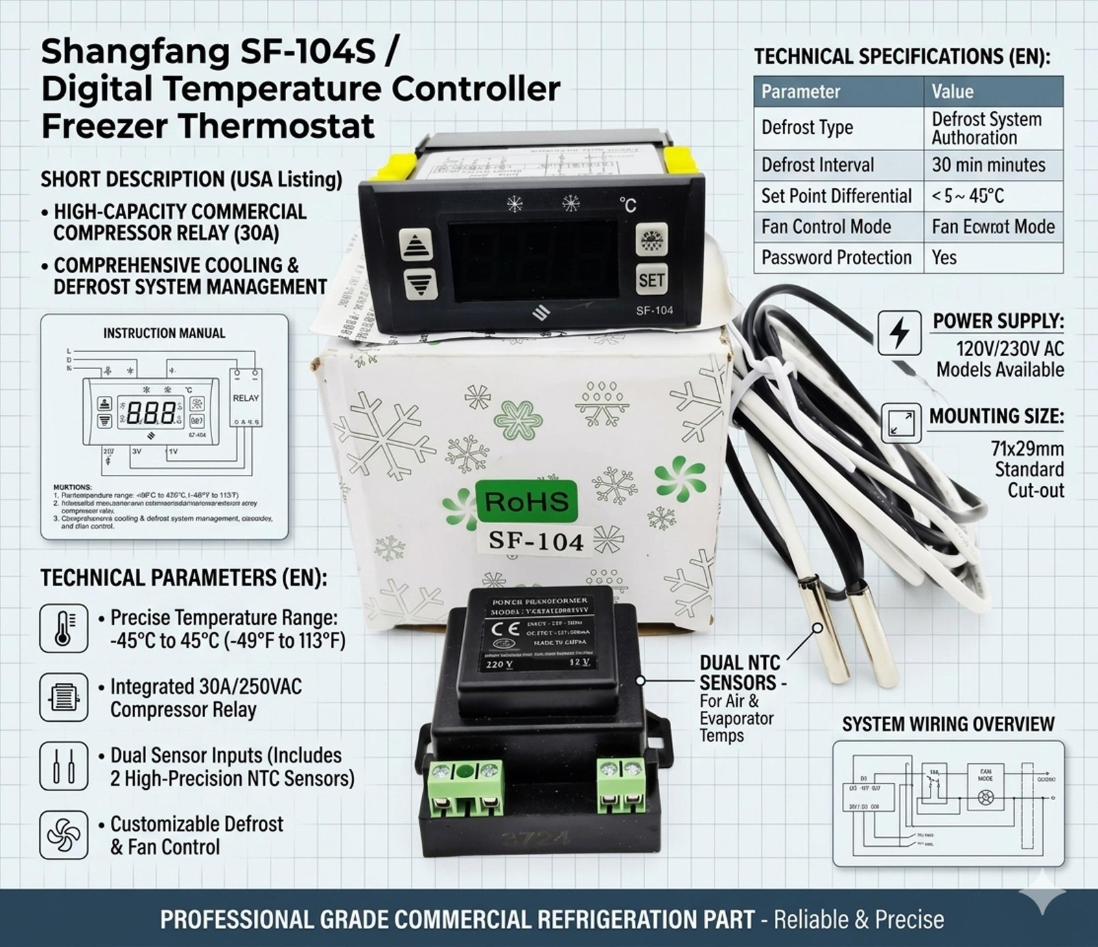 Shangfang SF-104S Digital Temperature Controller Freezer Thermostat RH