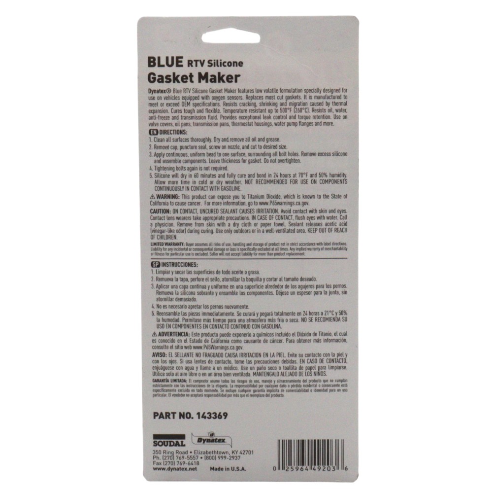 Dynatex Blue RTV Gasket Maker 3oz Tube Sensor Safe, Gear Oil Resistant(3-Pack)