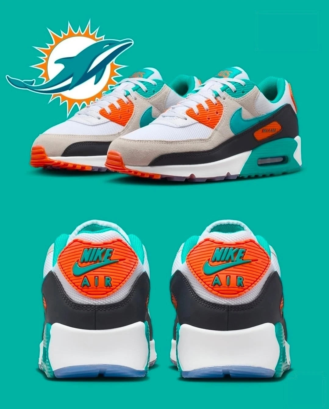 Nike Miami Dolphins Air Max 90 Shoes Sneakers 2025 Mens NFL Rivalries Collection