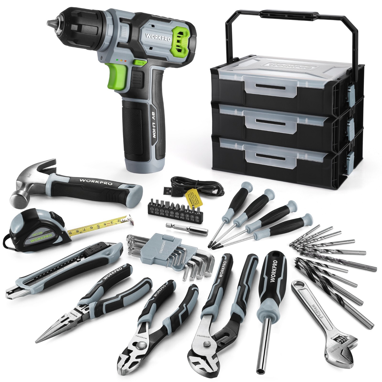 WORKPRO 43PCS Cordless Lithium-ion Drill Driver and Toolbox, 8V 2.0 Ah Power