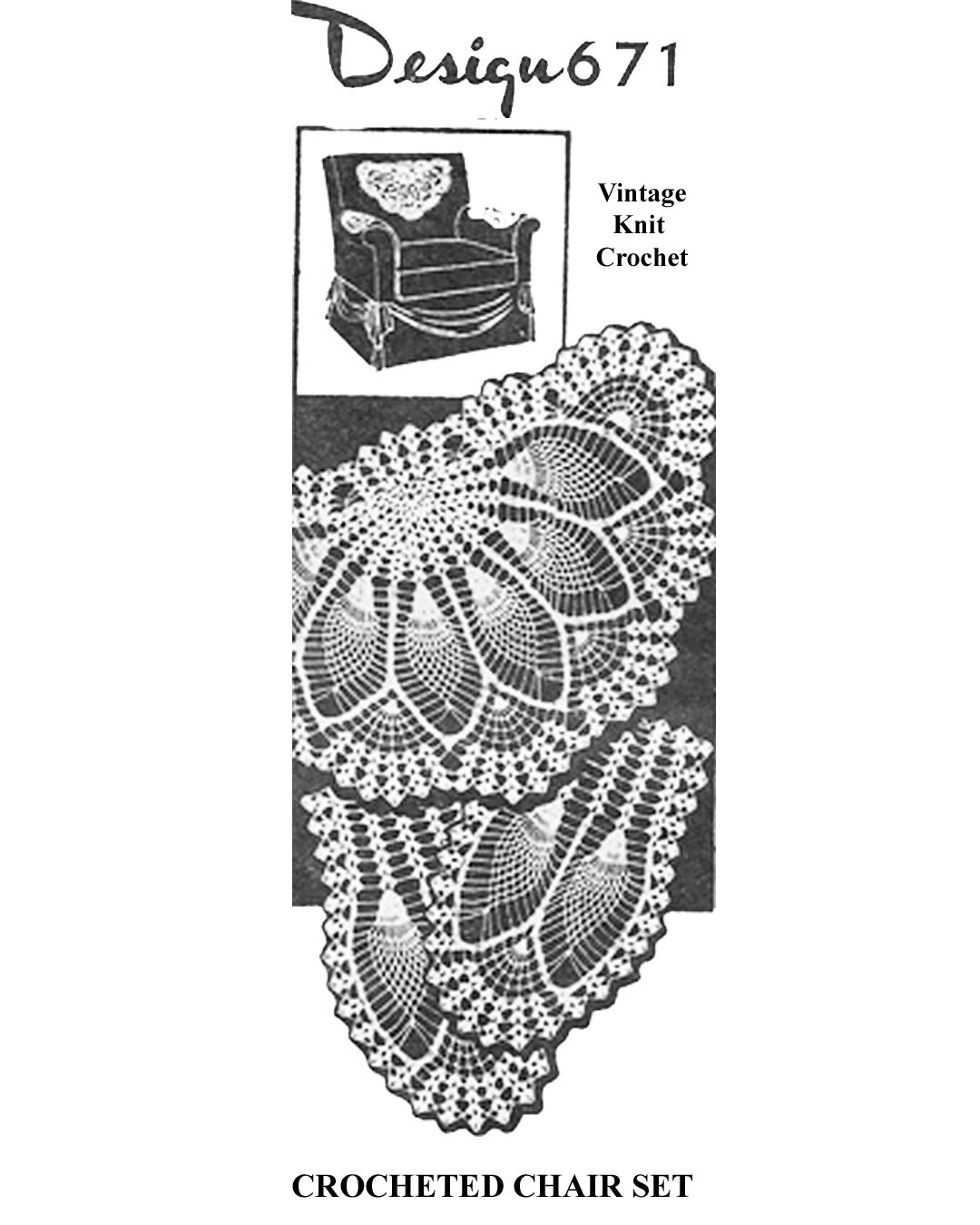 Vtg Crochet Pineapple Fan Chair Doily Pattern Set, Mail Order Design 671 LW