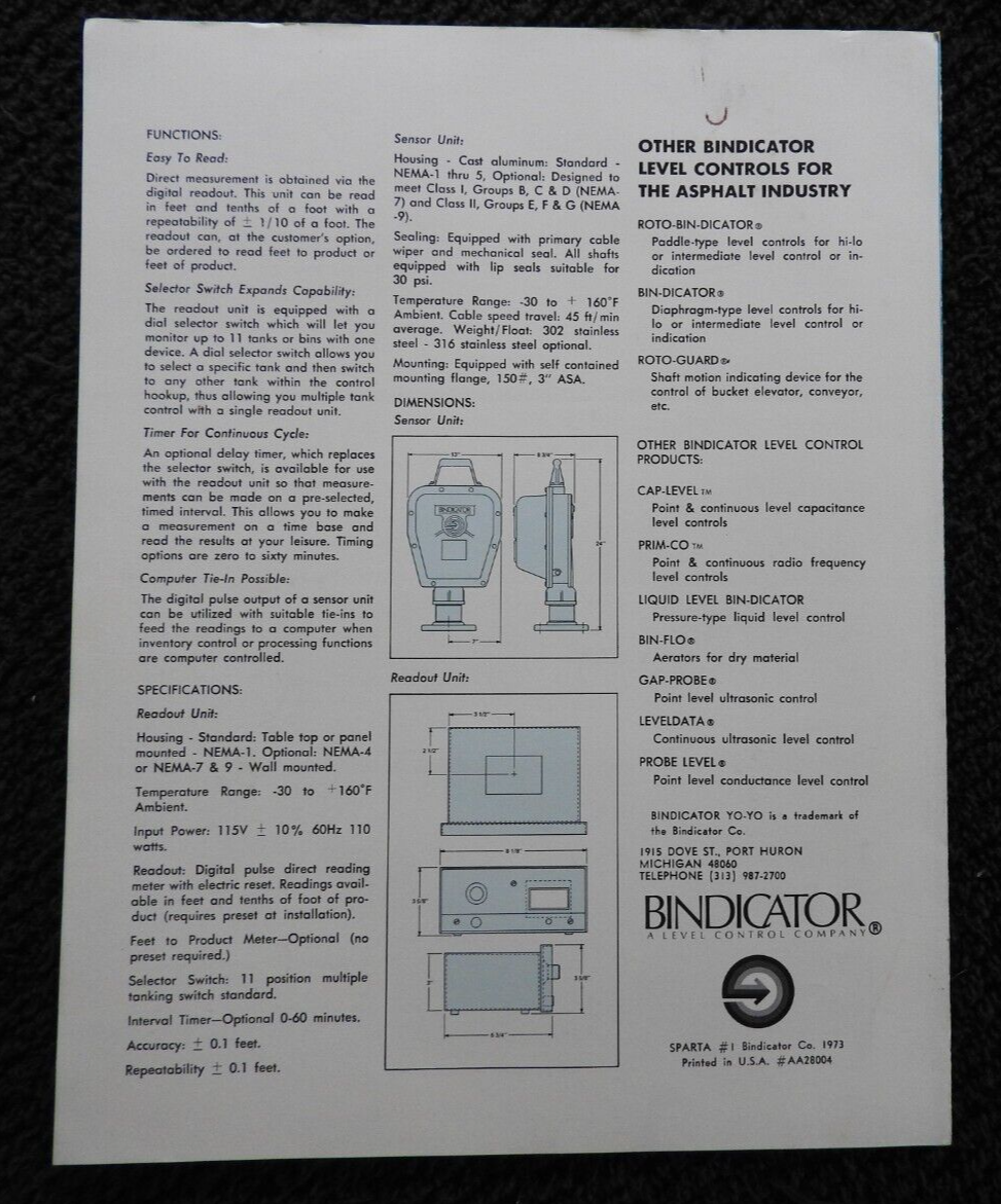 1973 Berwind Corp Bindicator Level Control Engineering Brochures Port Huron MI