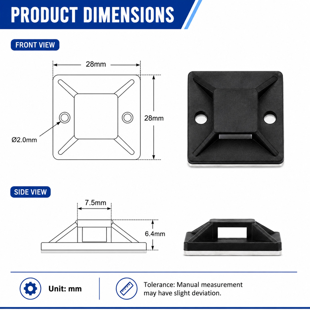 30x30mm Self Adhesive Cable Tie Mounts Wire Holders Zip Tie Bases Black