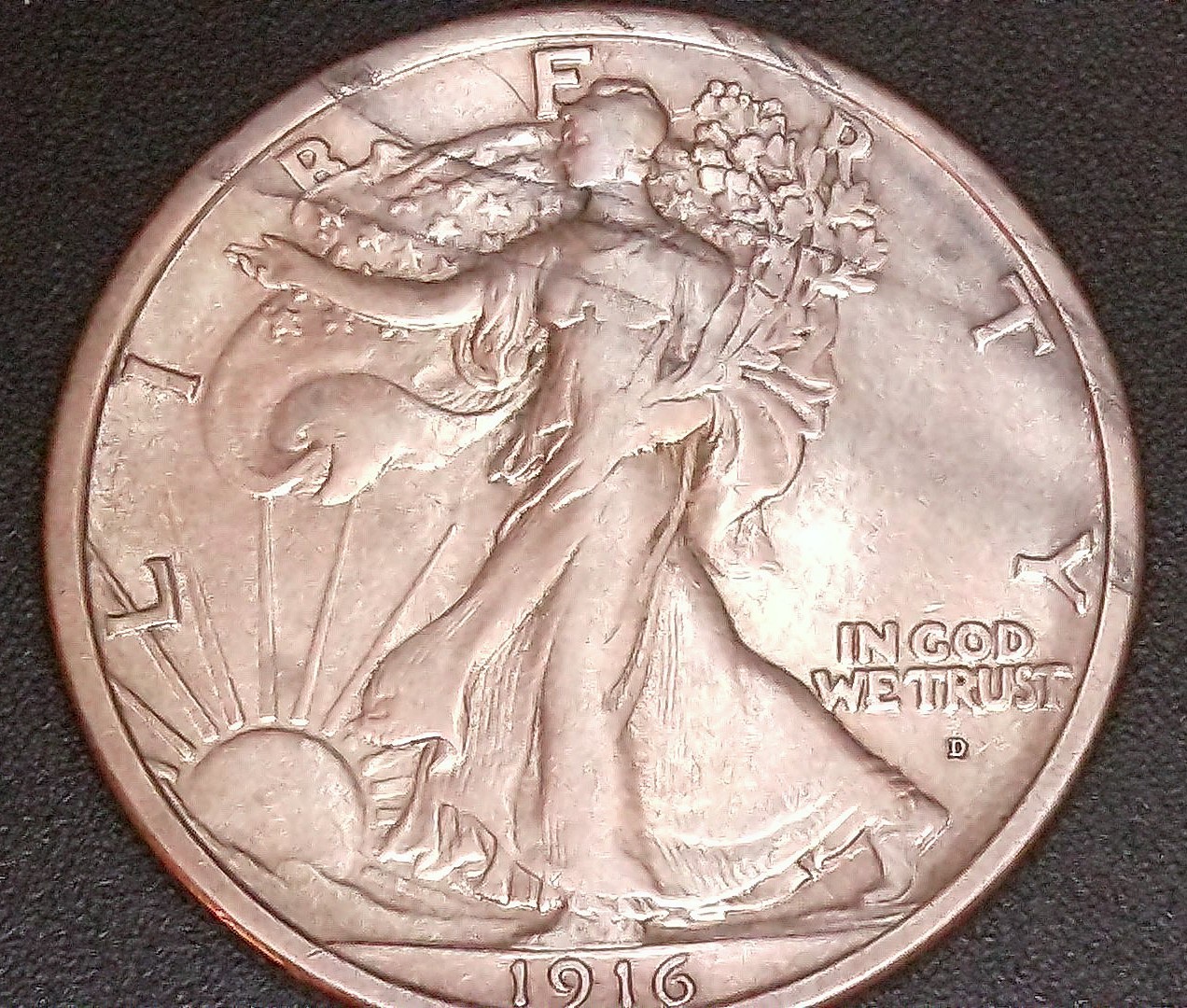 1916-d Obverse Walking Liberty Half in VF/XF Condition