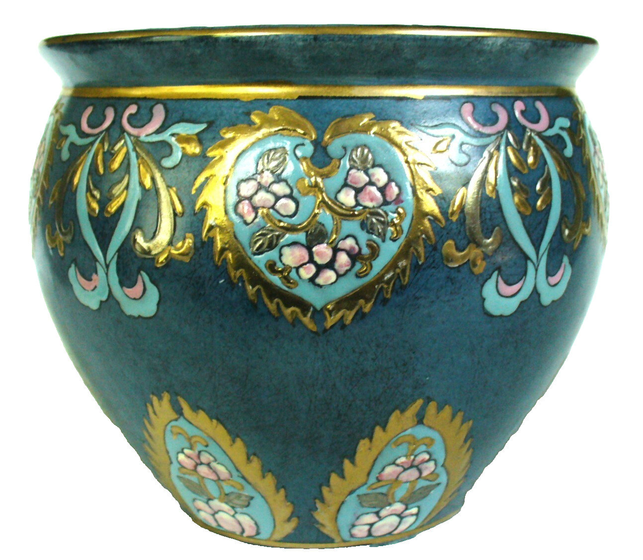 Heygill Imp.~CERAMIC~Enamel~HAND PAINTED~Blue~FLORAL~Pot~GILDED~5.25"x6.25"x4.5"