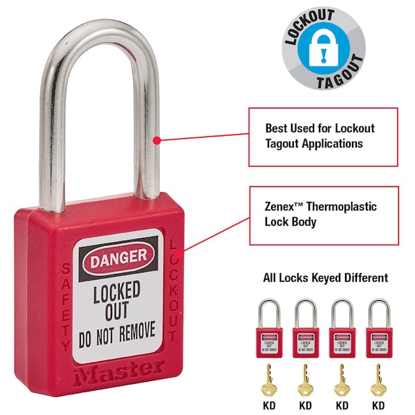 Master Lock 410Red Lockout Padlock, Keyed Different, Thermoplastic, Standard