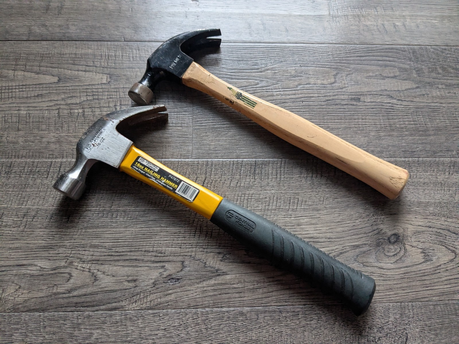 Lot of 2 Claw Hammers: 14 oz Palmer Wood USA & 16 oz Central Forge Fiberglass