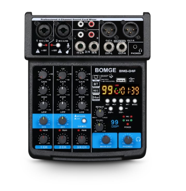 BOMGE 4 Channel mini DJ Audio Sound Mixer Interface with MP3 USB, Bluetooth, St