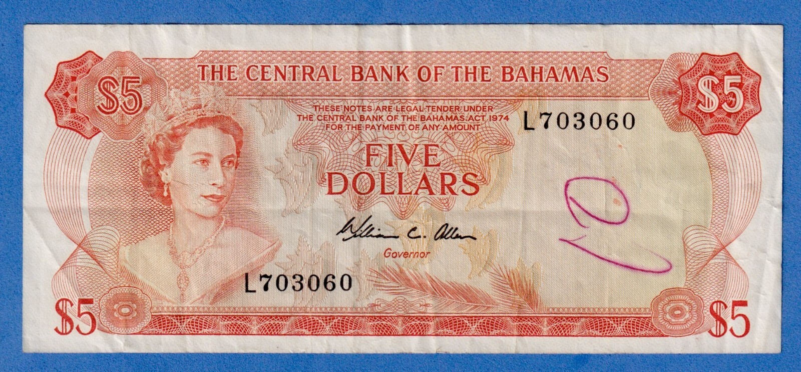 Bahamas $5 1974 P-37b Circulated Note Queen Elizabeth II L703060