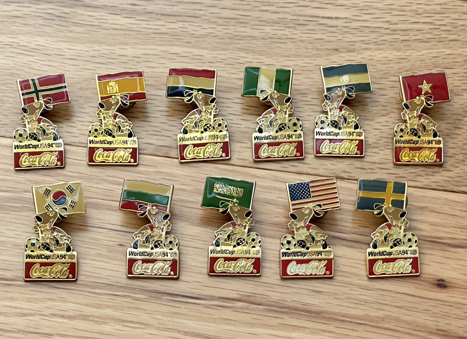 1994 World Cup Coca-Cola Flag Pins Striker USA Korea Spain Sweden *Lot Of 11*