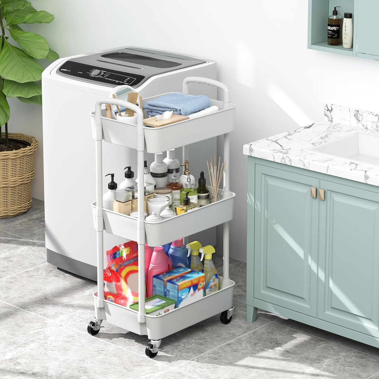 3 Tier Plastic Rolling Utility Cart With Handle Multi Functional Storage Trolley