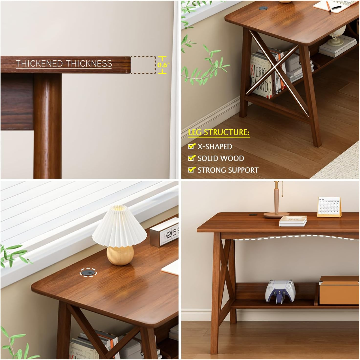 Extra Long Solid Wood Desk with Bookshelf - 63" Home Office Workstation