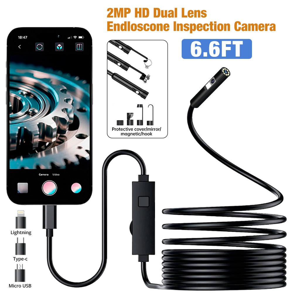 1920P Borescope Dual Lens Endoscope Camera 8 LED Lights for iOS/Android 6.5FT
