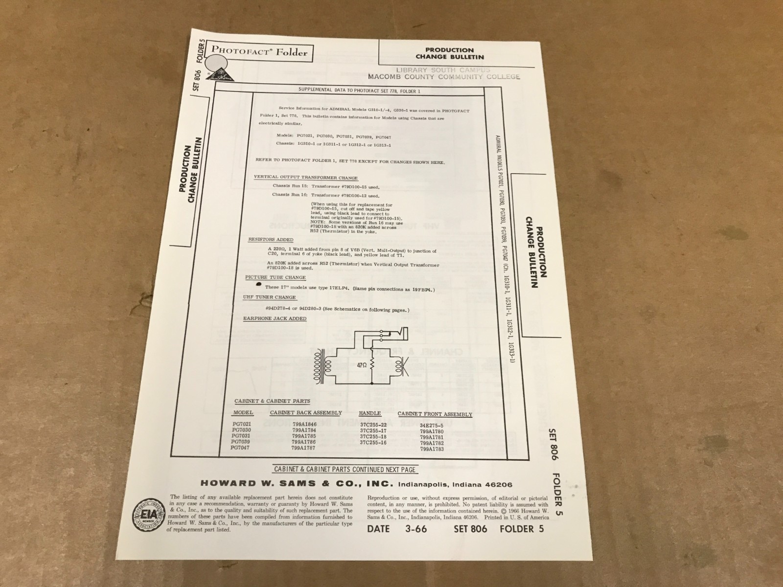 Vintage Photofact Folder - 806-5- Production Change Bulletin