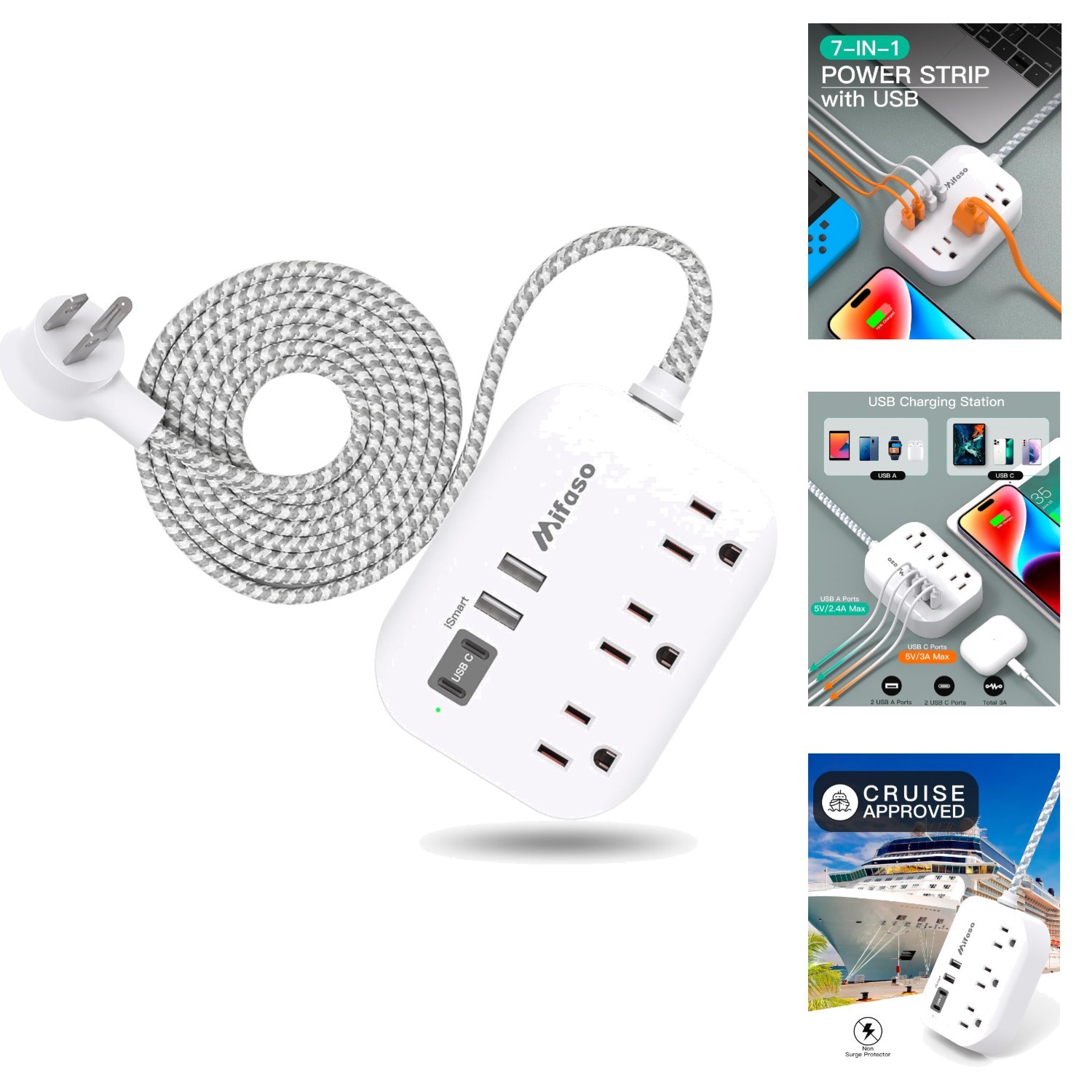 7-in-1 Travel Power Strip Flat Extension Cord Non Surge Protector Cruise Ready