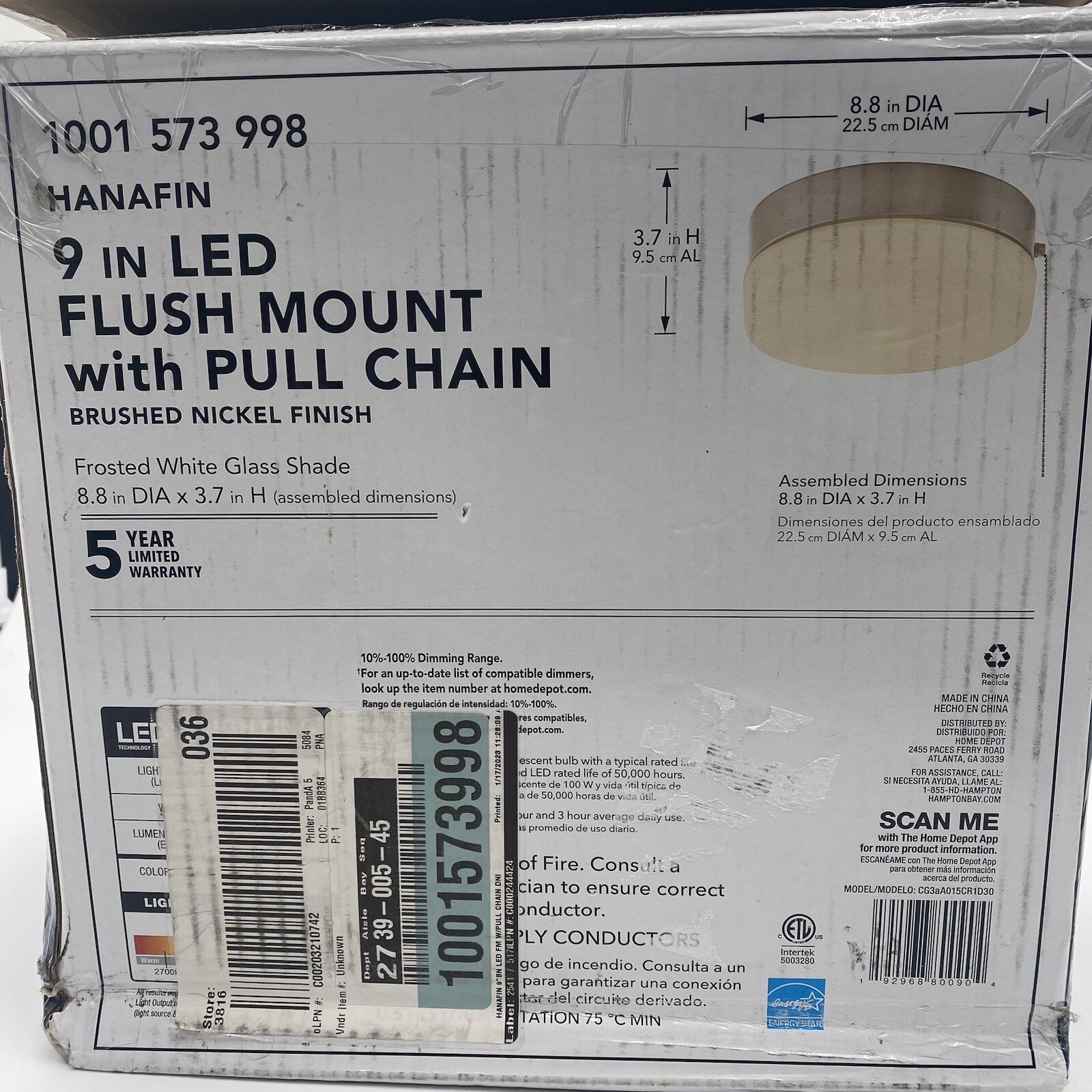 Hanafin 9" LED Flush Mount Light W/ Pull Chain Brushd Nickel 100-Watt Equivalent
