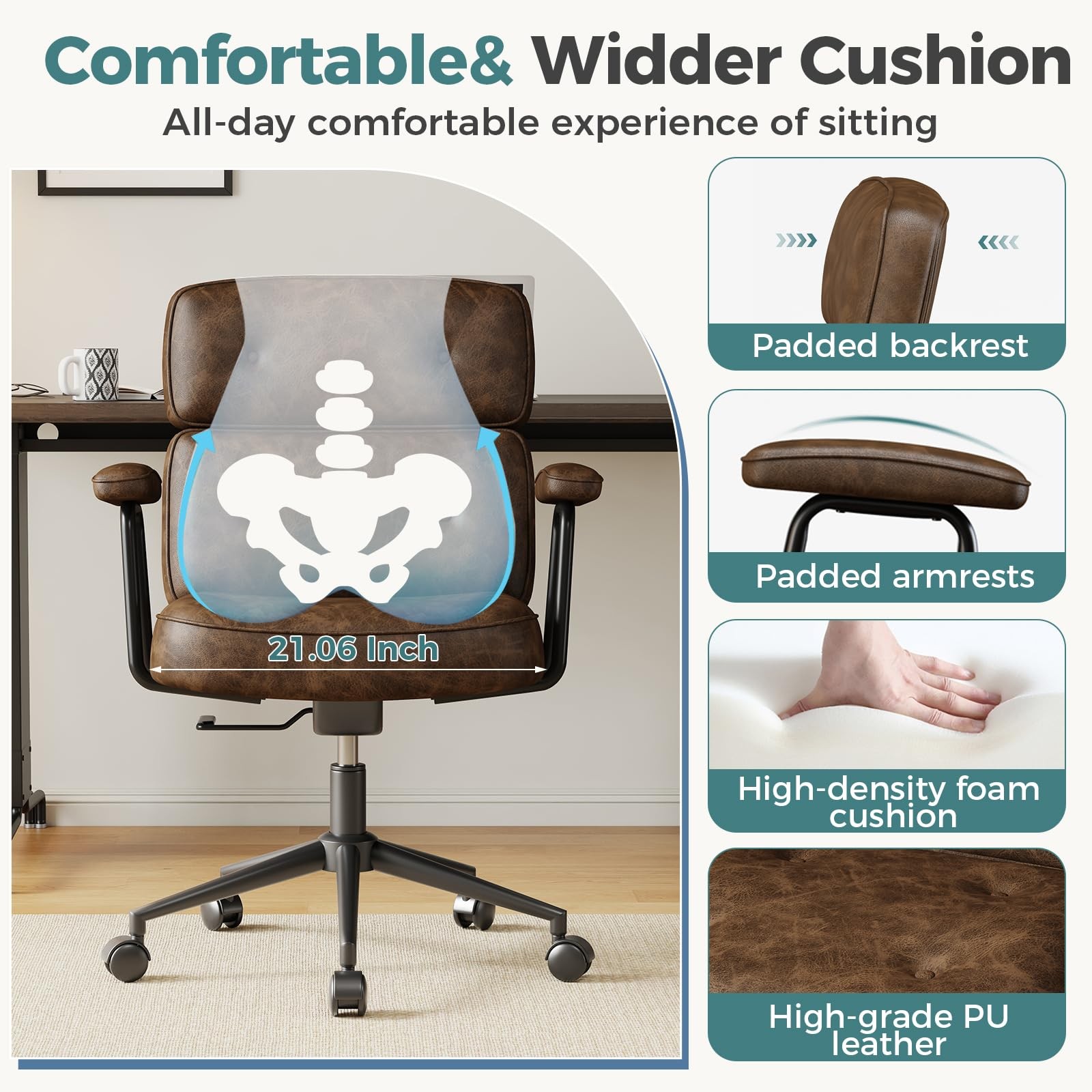 Ergonomic Home Office Desk Chair, PU Leather Computer Chair with Lumbar Suppo...