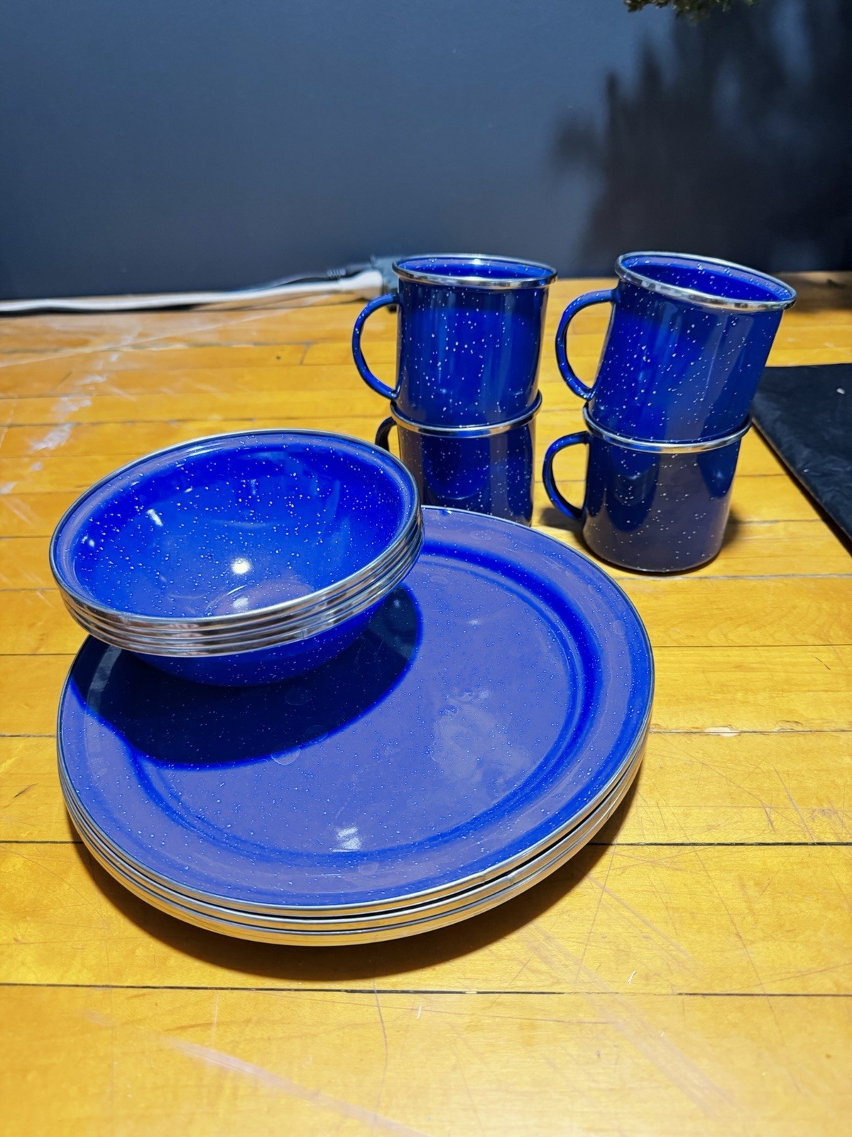 Vintage Blue Enamel Camping Dishware Set Plates Bowls Mugs