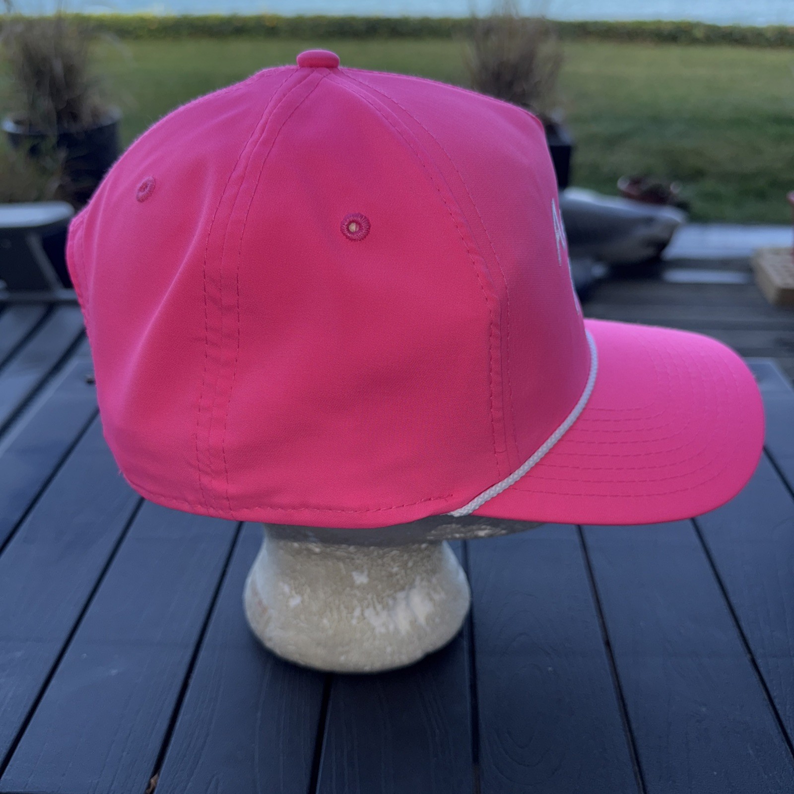 Arcadia Bluffs in White Script w Rope on Bright Pink Polyester Hat Cap SnapBack
