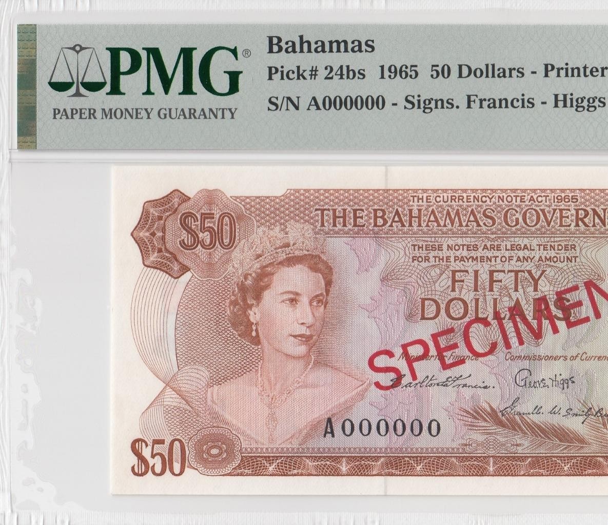 1965 BRITISH COLONY BAHAMAS QEII $50 **SPECIMEN** (( PMG 67 EPQ - Top Pop ))