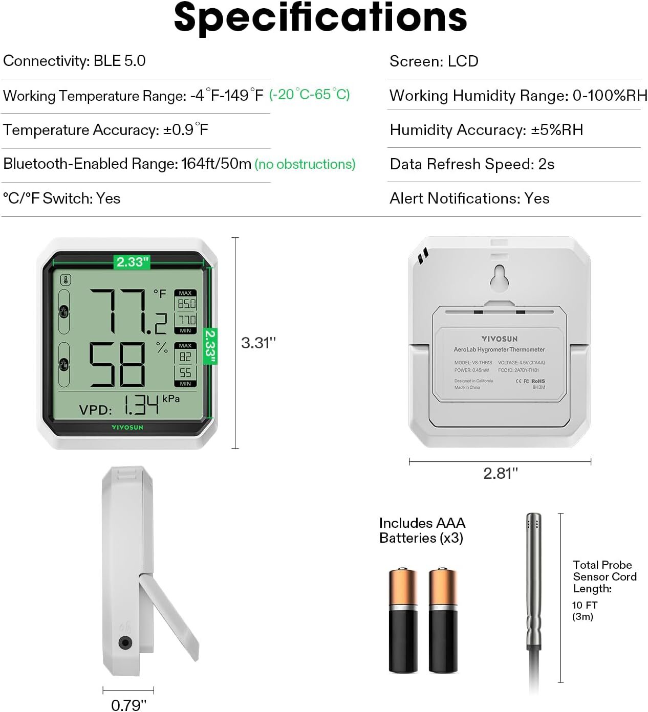 VIVOSUN Bluetooth Hygrometer Thermometer VPD Temp Humidity Meter w/ Sensor Probe