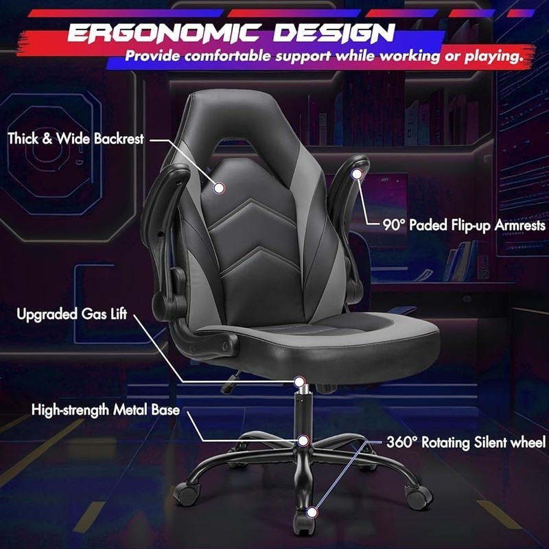 PU Leather Gaming Chair Adjustable Height Flip-Up Armrests Ergonomic Desk Chair
