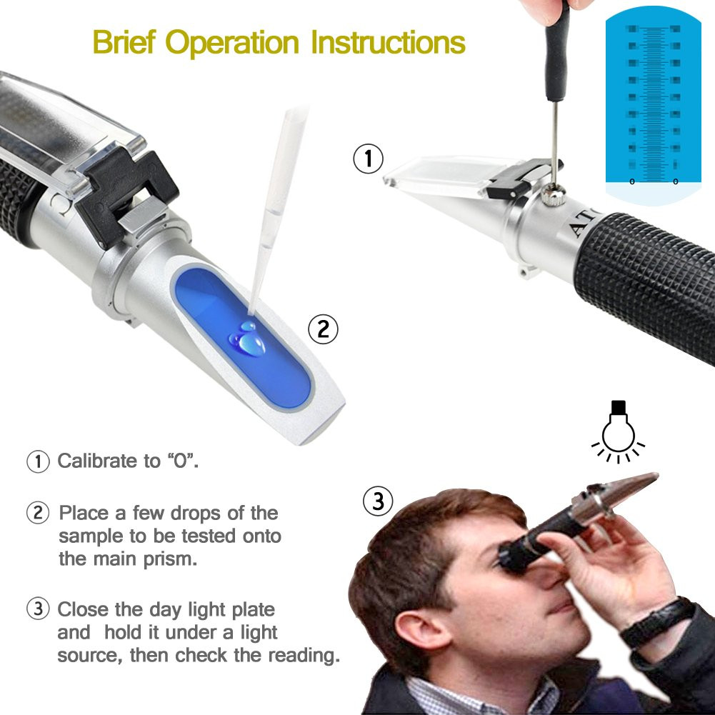 Brix Refractometer with ATC, Dual Scale - Specific Gravity & Brix, Hydrometer in