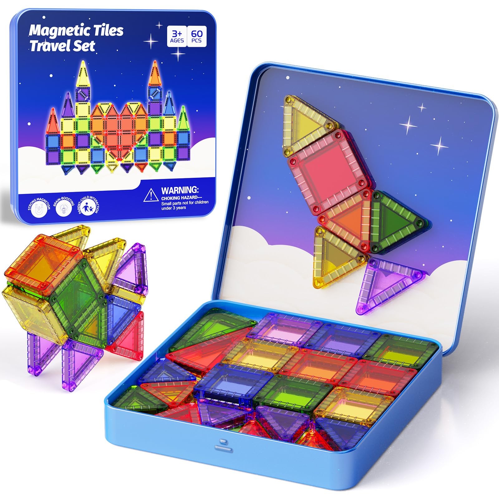 Mini Magnetic Tiles Travel Kit for Kids Ages 3-8, 60pcs Portable Magnetic Buildi