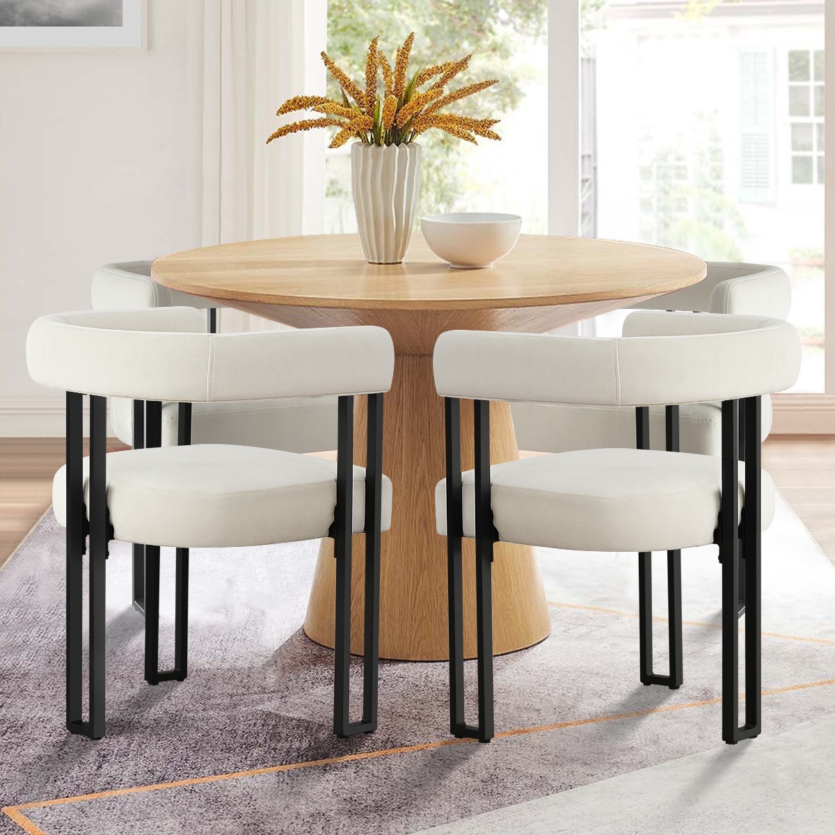 Set of 4 Velvet Dining Chairs with Arms Curved Back and Black Metal Legs