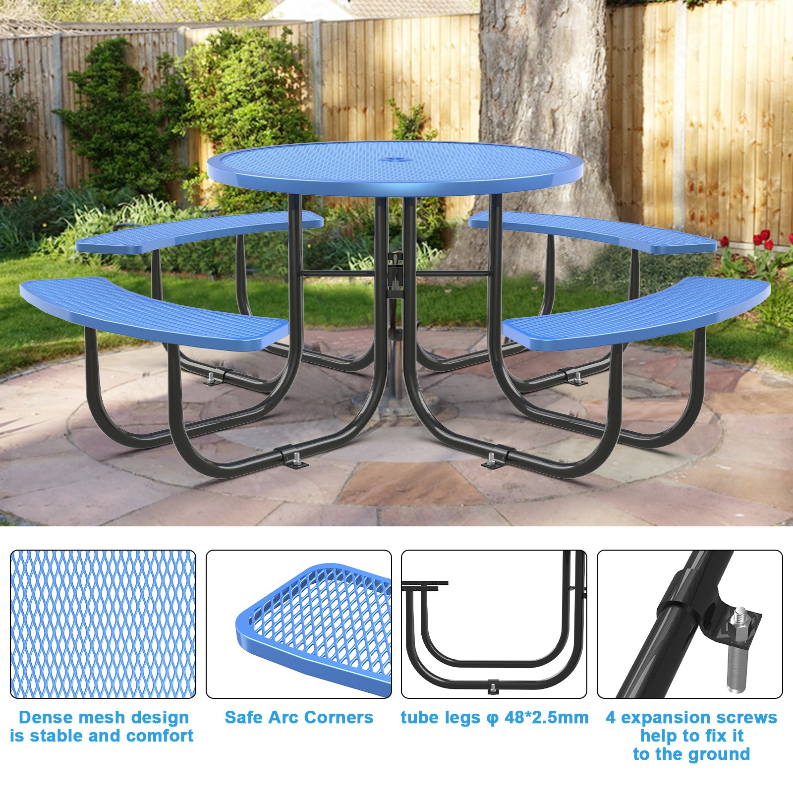 Blue Round Patio Table & Chair Set with Umbrella Hole