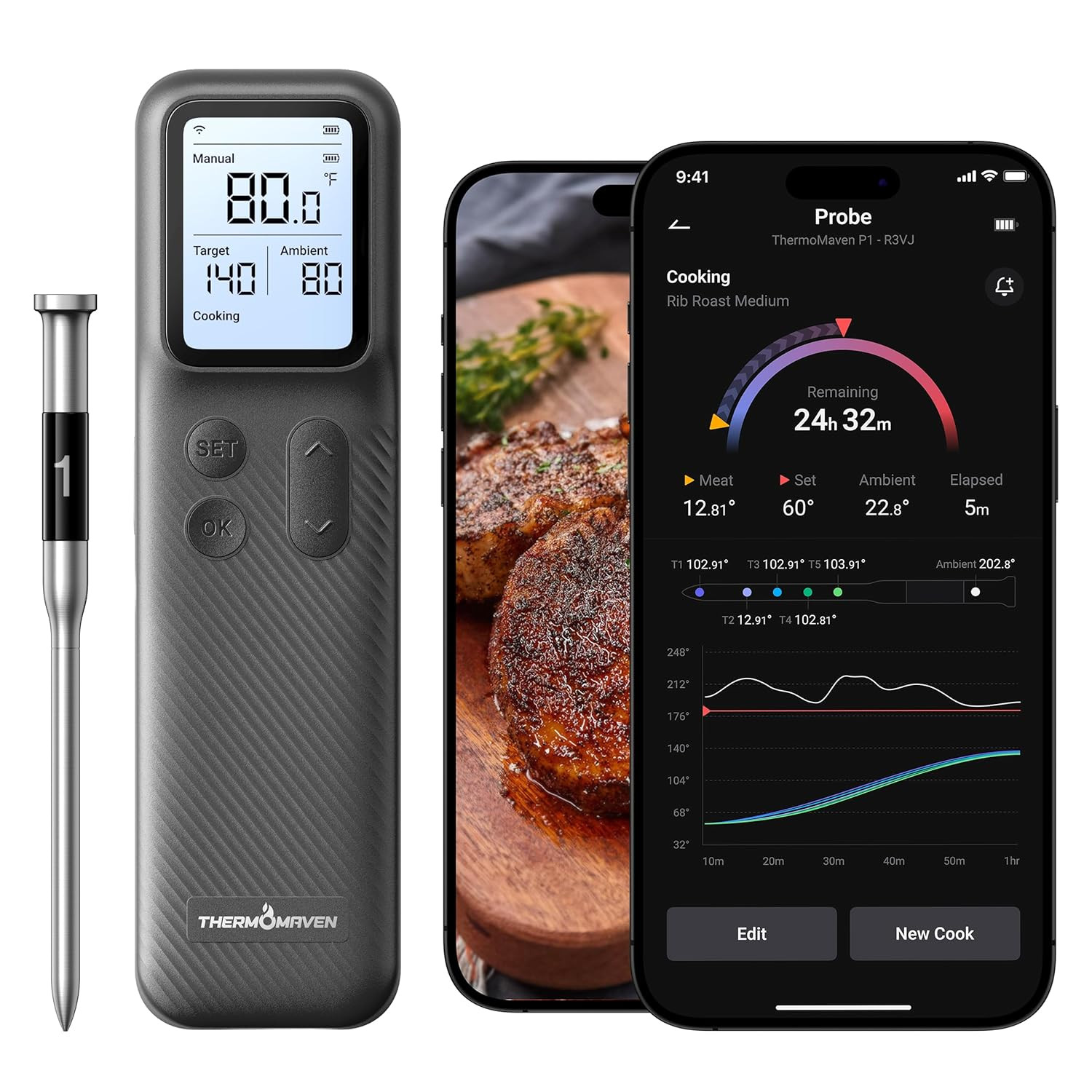 Smart Bluetooth Wireless Meat Thermometer with Wifi App | Standalone Base, Ultra