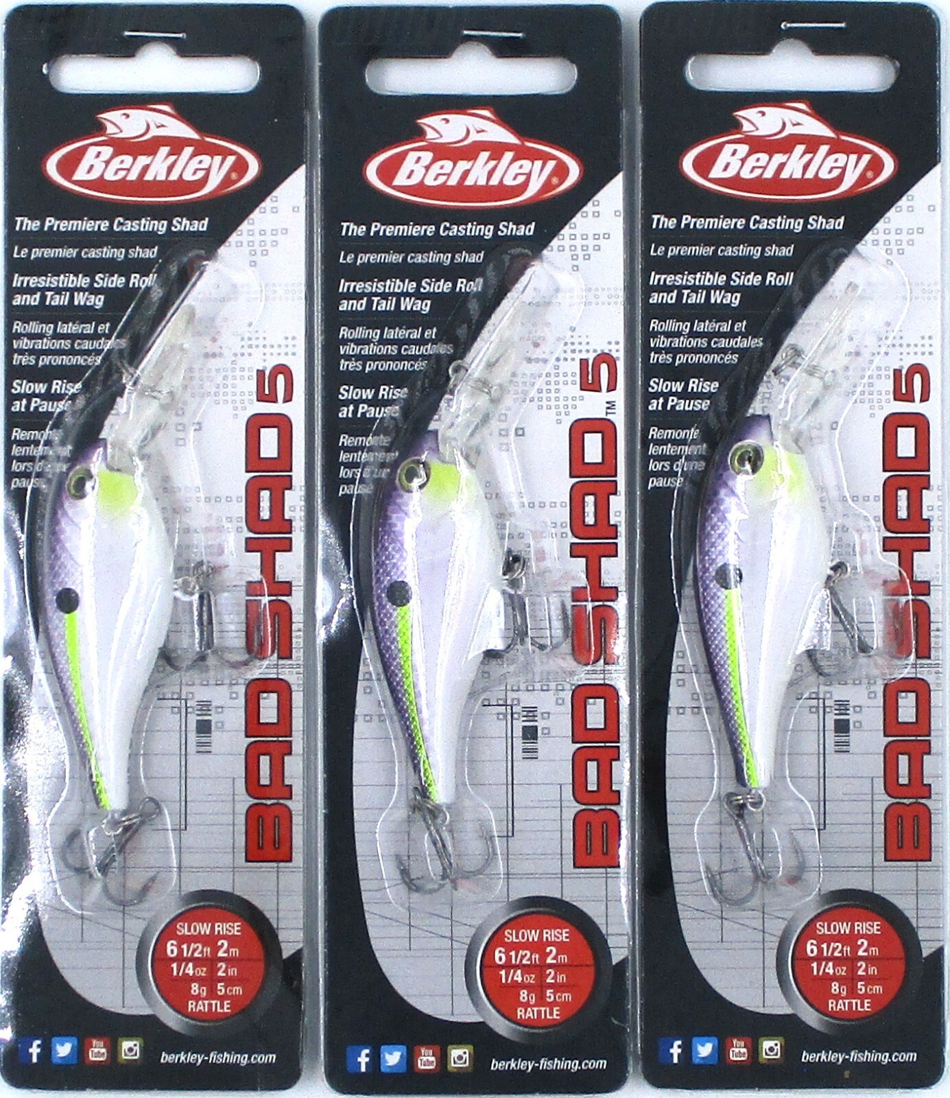 (3) Berkley 1/4 Oz 2" Bad Shad 5 Rattle Crankbaits Purple Glimmer BHBBS5-PPG New