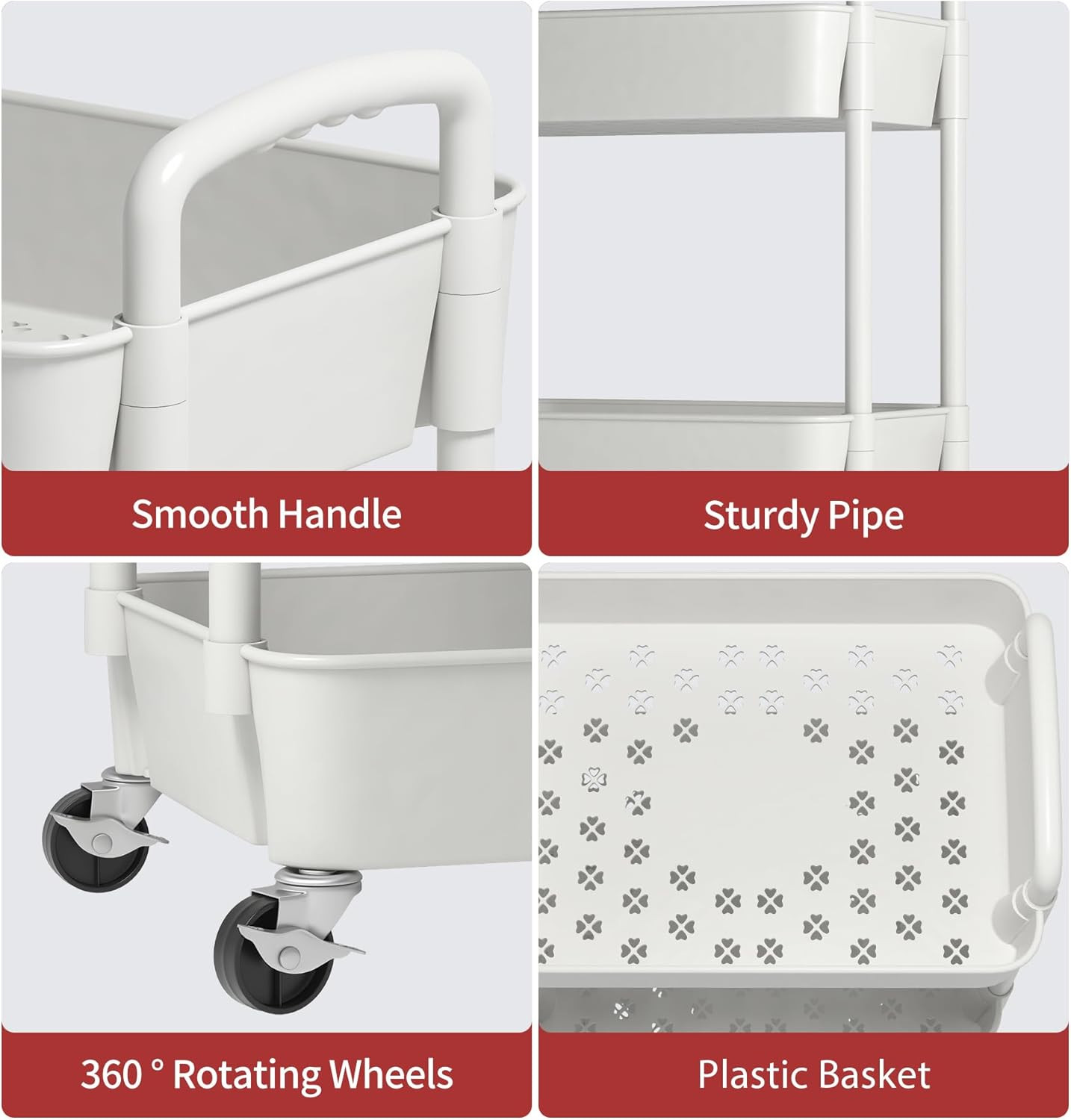 3 Tier Plastic Rolling Utility Cart With Handle Multi Functional Storage Trolley