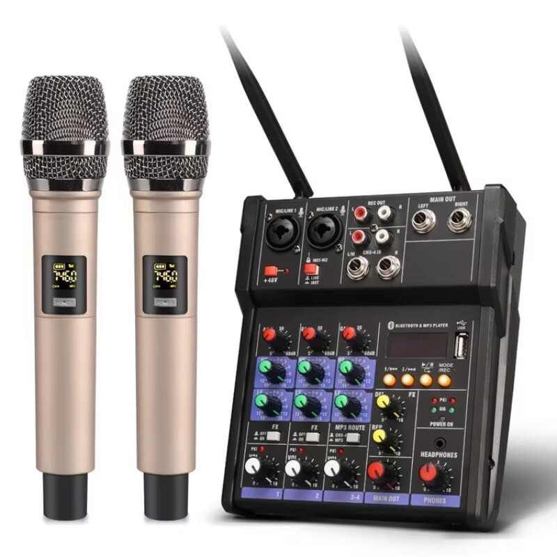 4 Channel Console Audio Amplifier Karaoke Dynamic Condenser Wireless Microphone