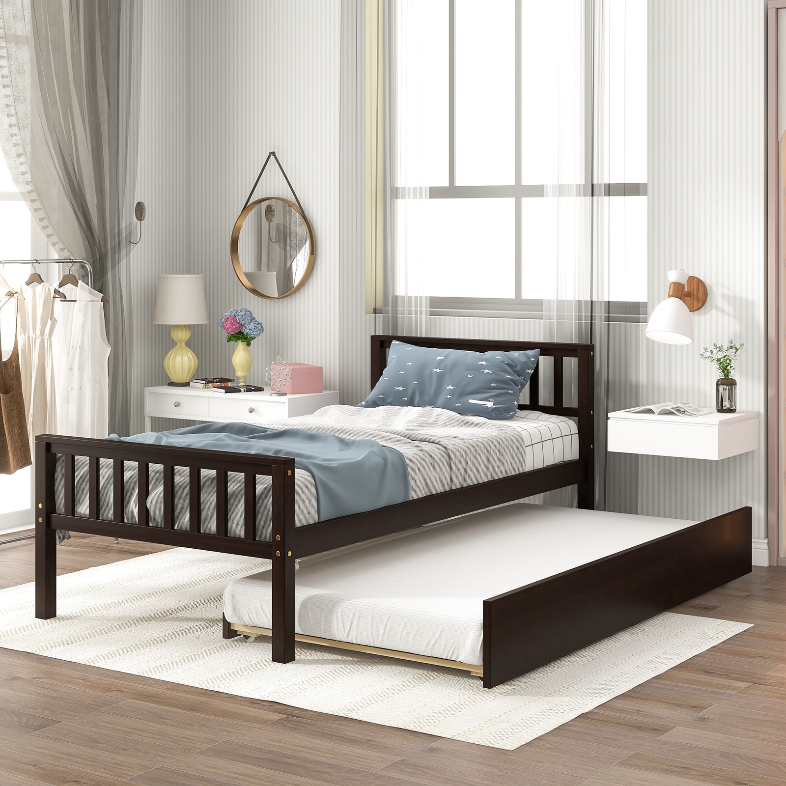 Twin Bed Frame w/Trundle, Platform Headboard & Footboard, Espresso Space Saver