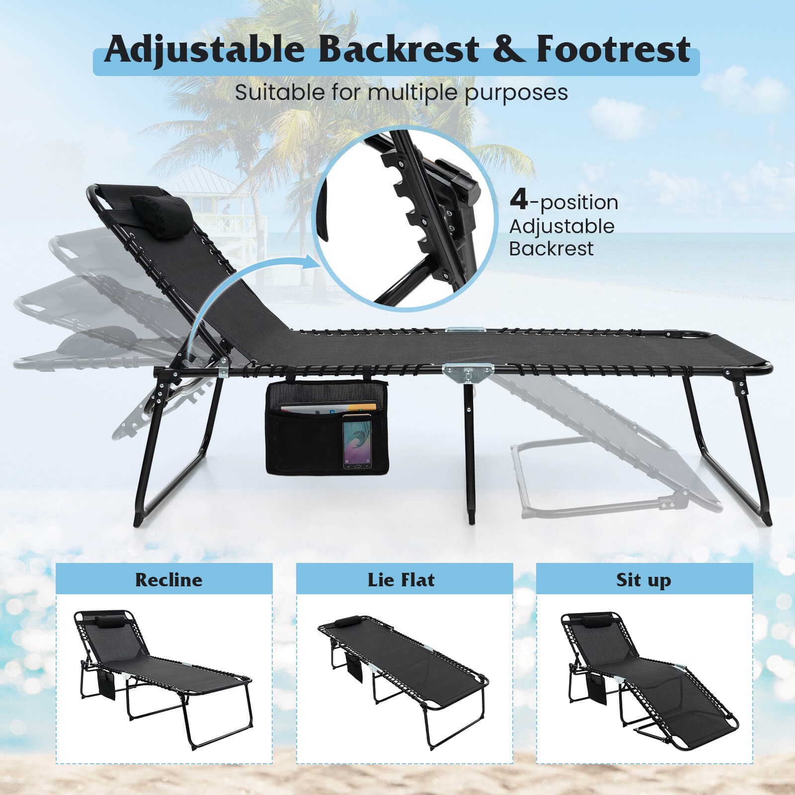 Oversize Folding Chaise Lounge w/ Adjustable Backrest Detachable Pillow & Pocket