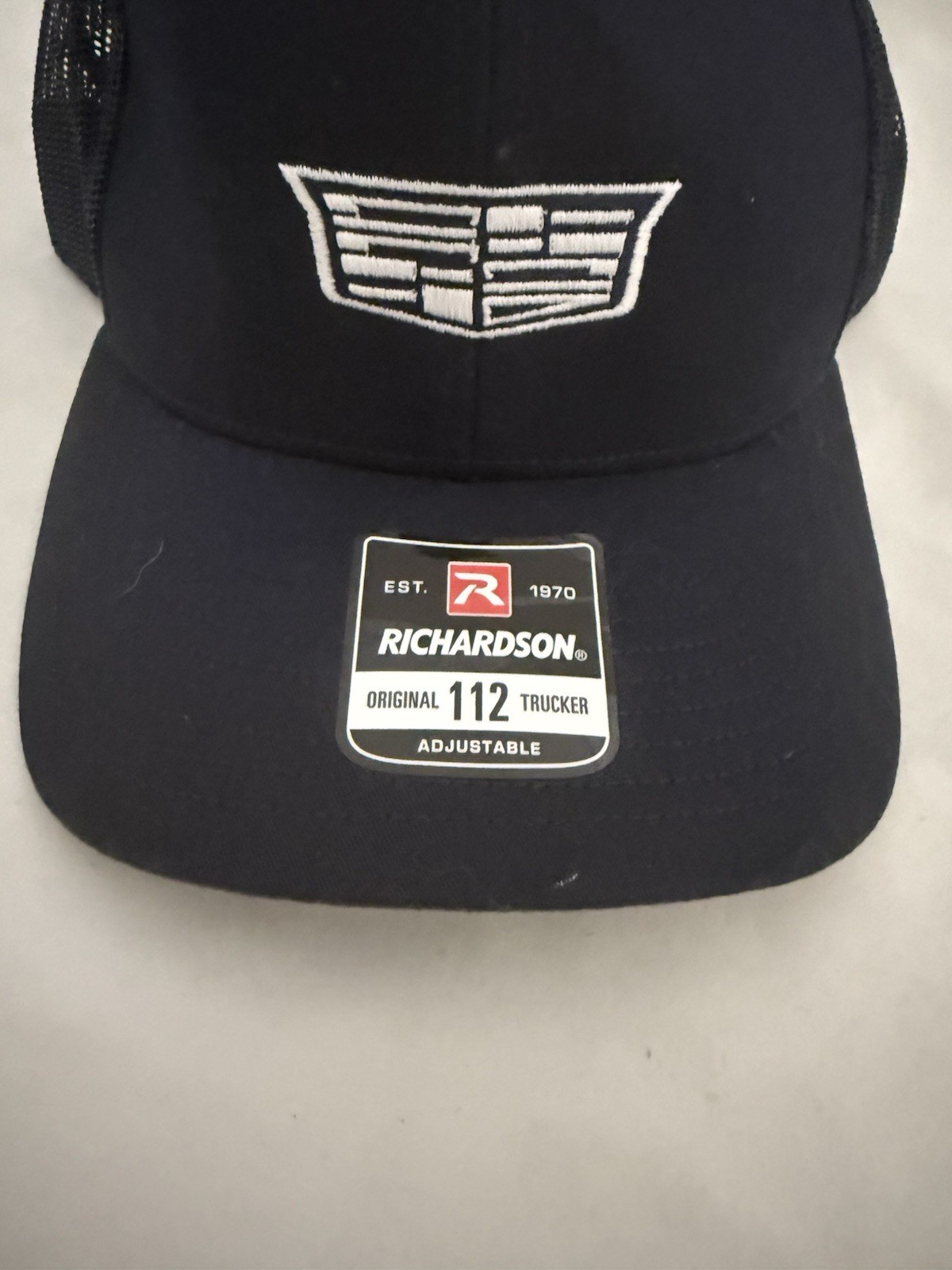 RICHARDSON Navy Blue Trucker Style HAT Cap With CADILLAC LOGO Adjustable New