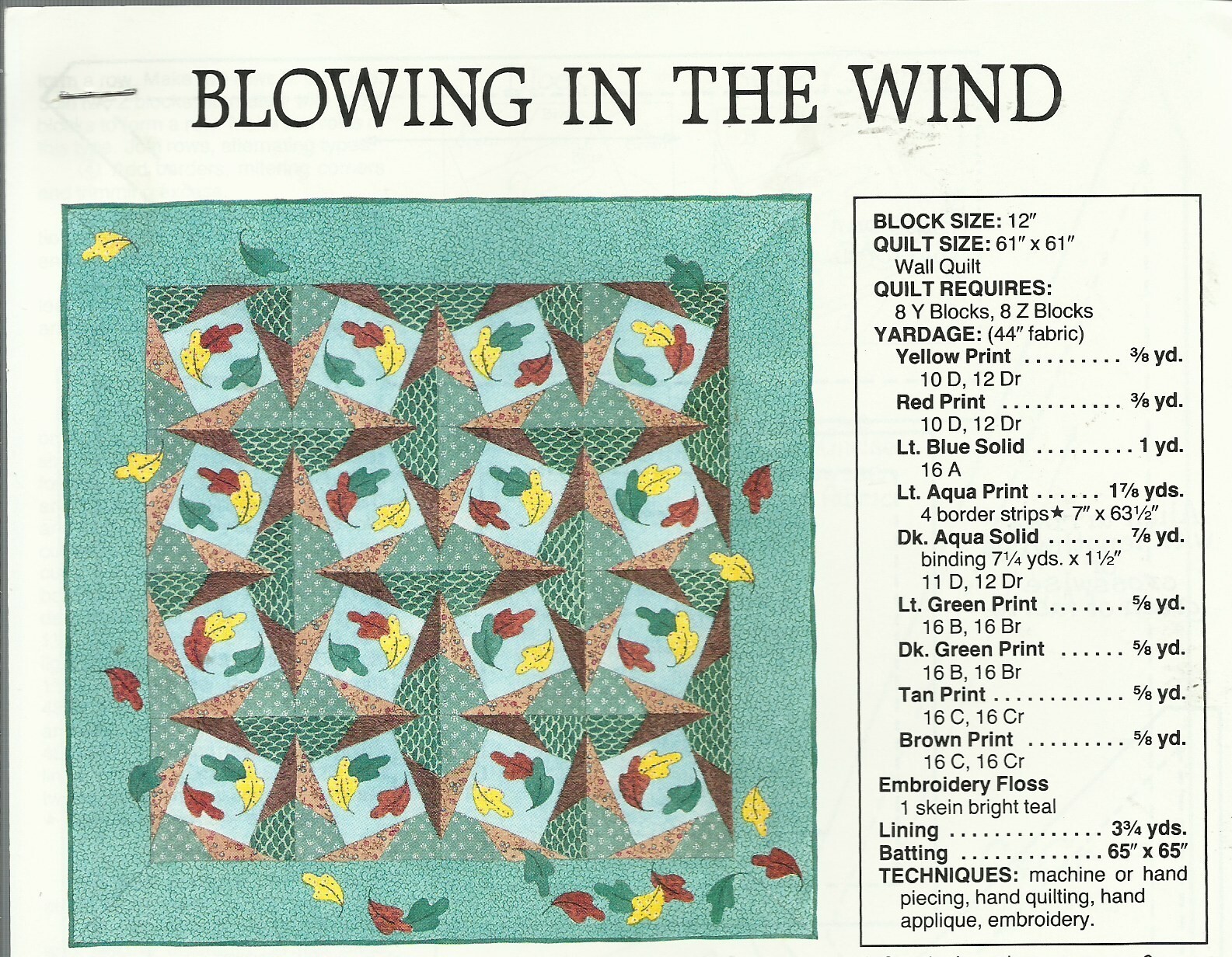 A0416  BLOWING IN THE WIND QUILT PATTERN/INSTRUCTIONS