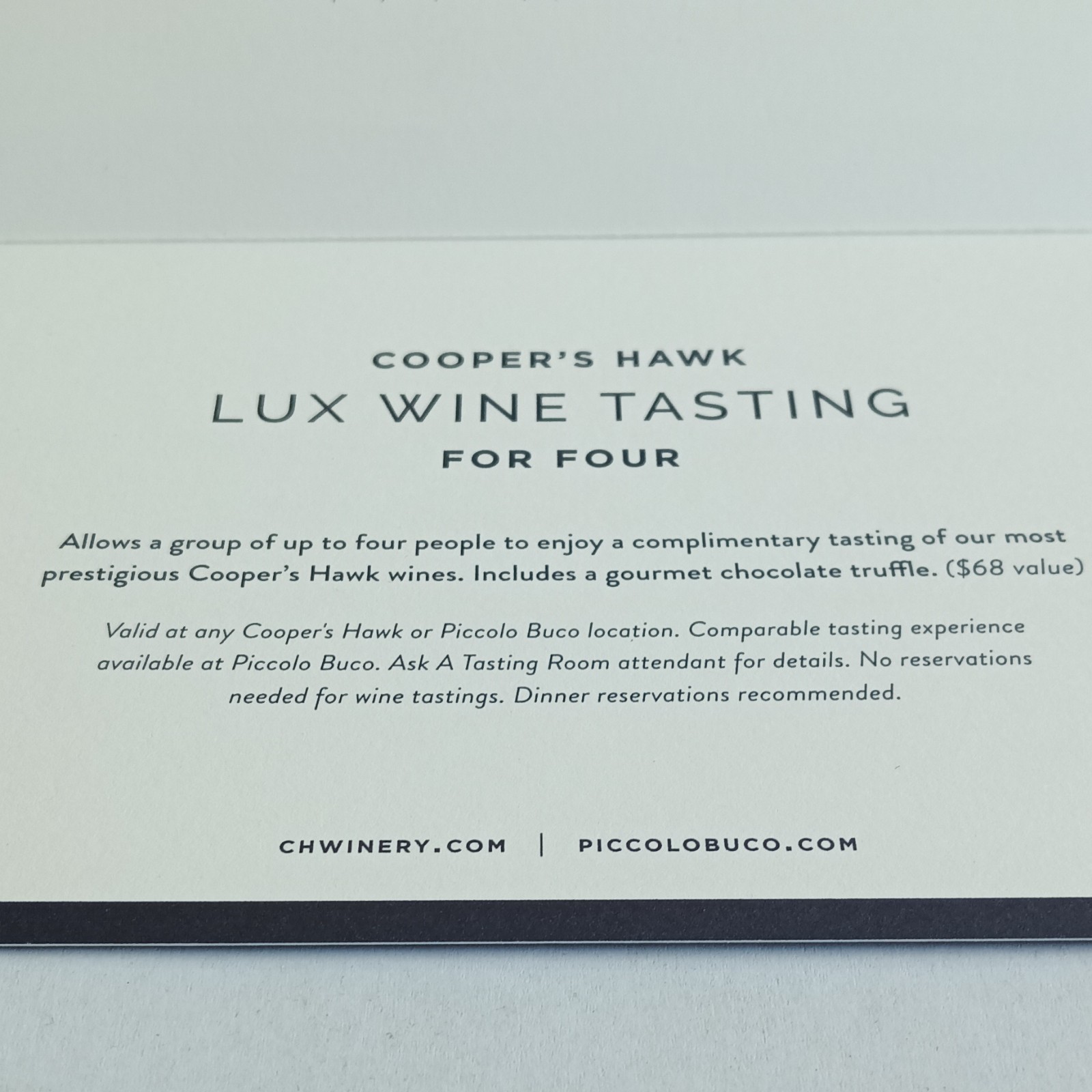 Cooper's Hawk Lux Wine Tasting for Four Gift Card $68 No Exp.