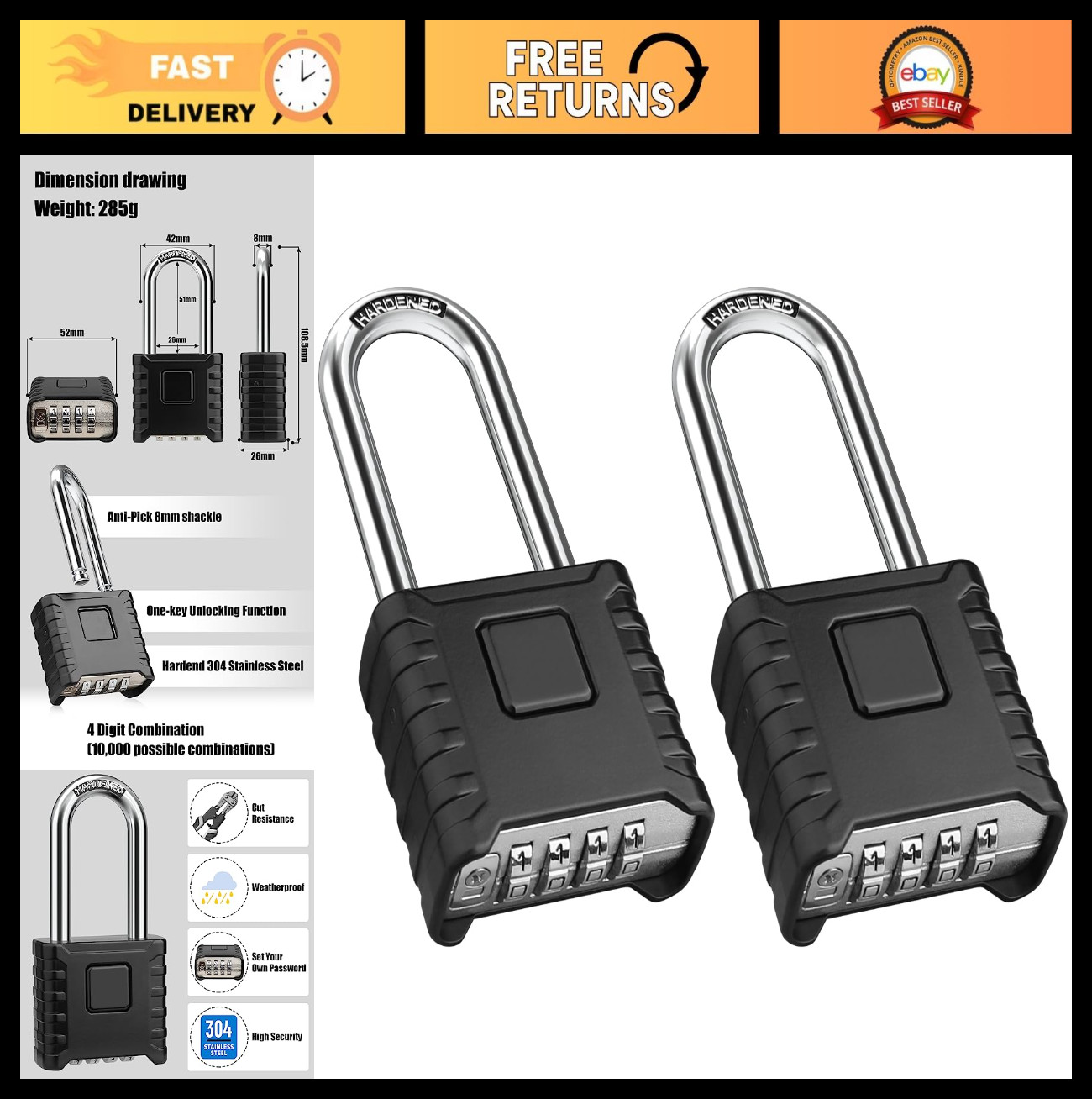 2 Pack Heavy Duty 2.3in Long Shackle Combination Padlocks - High Security for Gy