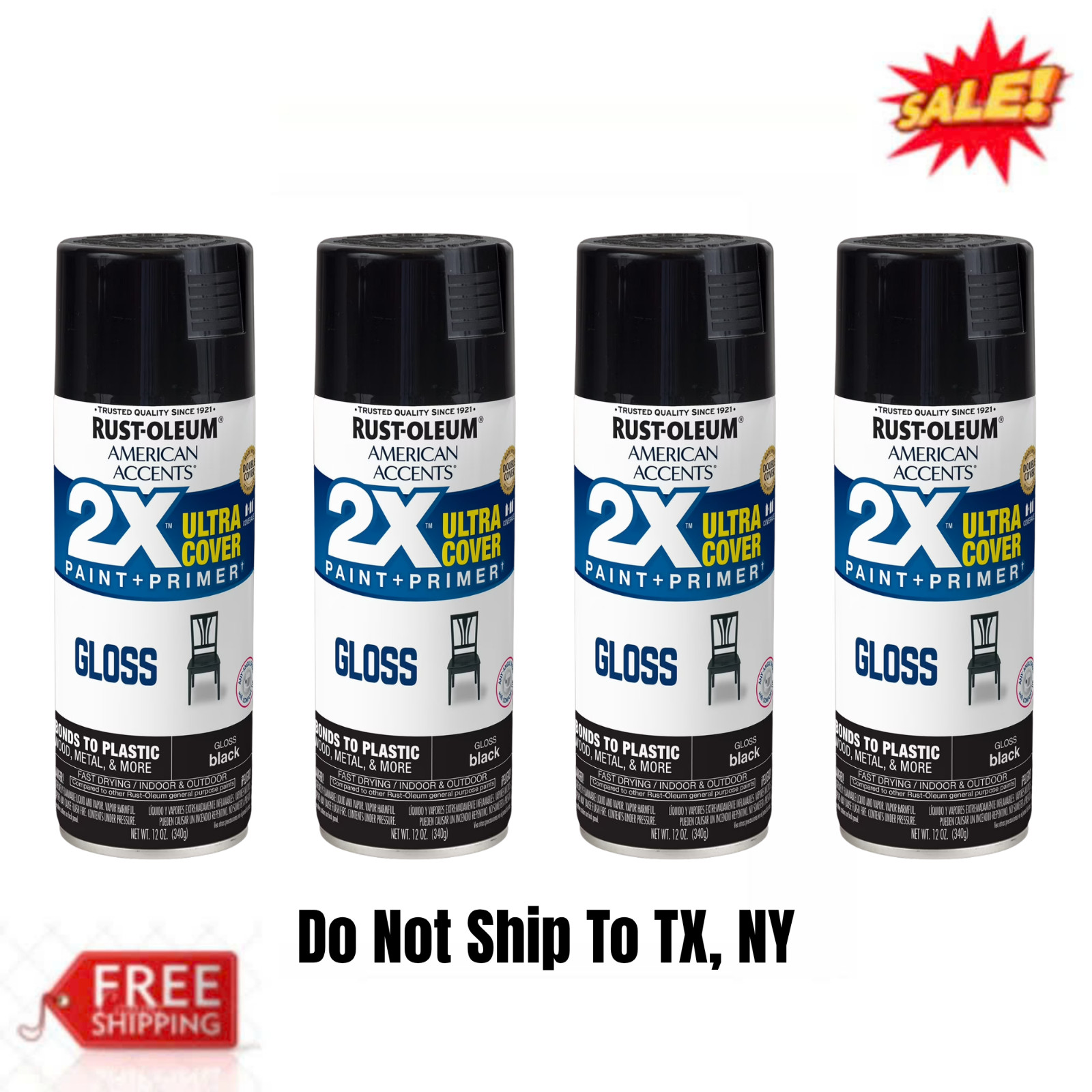 (4 Pack) Rust-Oleum American Accents 2X Gloss Black Spray Paint 327870 12 oz