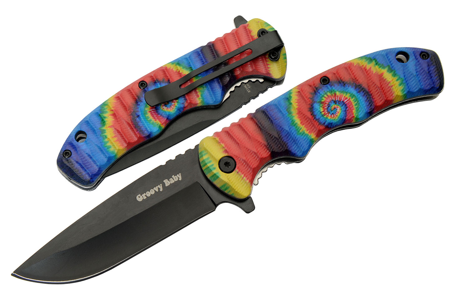 Folding Knife | Black 3.5" Stainless Steel Blade Tie-Dye Groovy EDC 300558-C