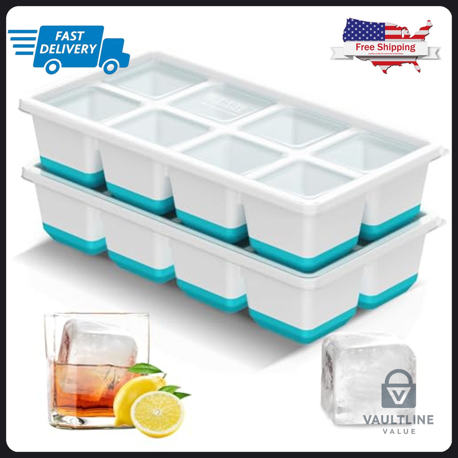 2 Pack VEHHE Silicone Ice Cube Trays with Lids - Large Square Mold - Blue